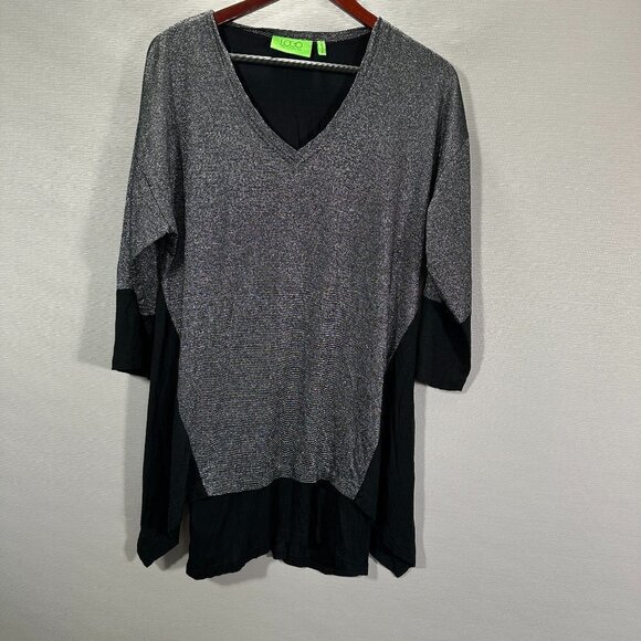 LOGO Lori Goldstein Womens Medium Tunic Top Black Silver Metallic Sparkle - Picture 1 of 7